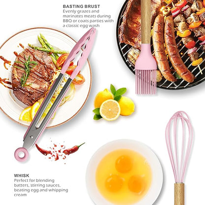 oannao Silicone Kitchen Utensils Set - 446°F Heat Resistant Cooking Utensil Sets, Spatula,Turner,Tongs,Spoon,Whisk, Wooden Handle Silicone Kitchen Gadgets Tools for Non-Stick Cookware BPA Free (Pink)