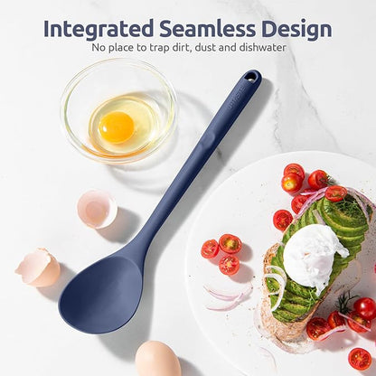 600ºF Heat Resistant Silicone Spoons: U-Taste 13.3in Solid & Slotted Kitchen Cooking Spoon, Nonstick Long Rubber Utensil, Sturdy for Mixing, Serving, Stirring, Draining (Midnight Blue, 2PCS)