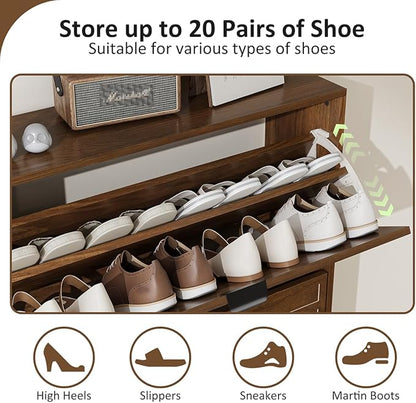 Shoe Cabinet Storage for Entryway with 2 Flip Drawers, Narrow Shoe Cabinet with Black Handles for Entryway, Hidden Slim Shoe Organizer Rack, 31.5" w x 9.45" D x 39" H