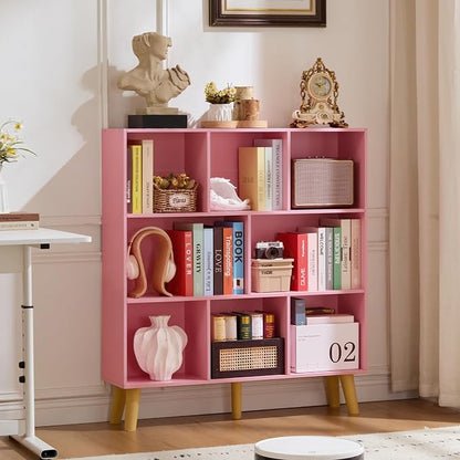 LEYAOYAO 8 Cube Bookshelf,3 Tier Bookcase with Legs,Light Pink Mid-Century Modern Bookshelves,Large Open Storage Organizer Shelf, Wooden Book Case