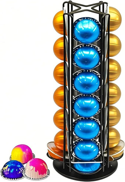 Vertuo Pod Holder Carousel Stand for 28 Nespresso Vertuo Capsule Storage Organizer with Extra Space for Coffee Mate Silent Rolling，Black