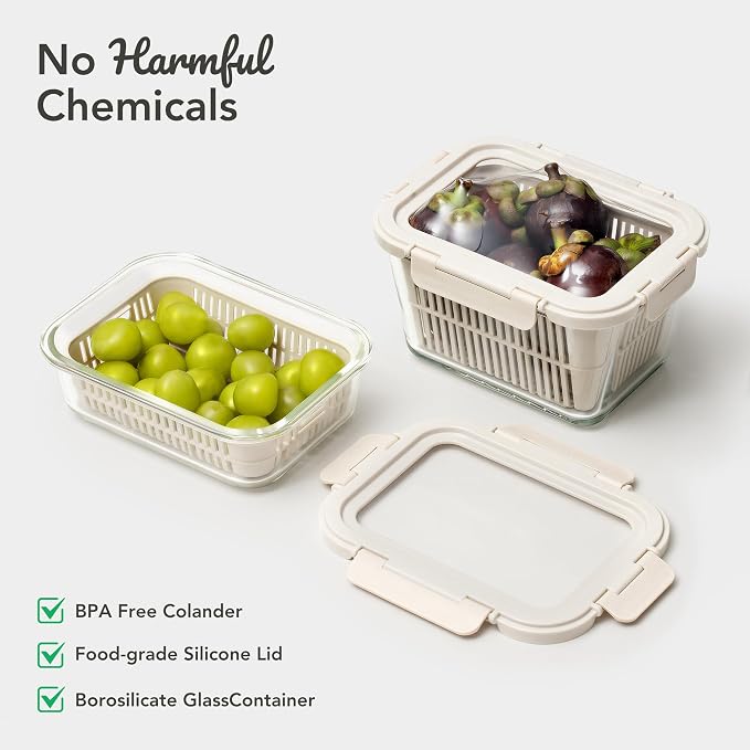 GENICOOK Glass Produce Storage Containers for Fridge, 2-Pack – Airtight Fruit & Vegetable Containers with Removable Colanders, Flexible Silicone Lids,LeakProof, BPA-Free Borosilicate Glass
