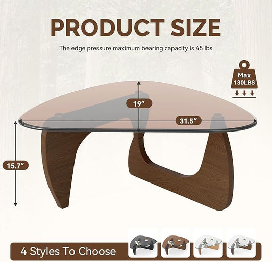 Modern Glass Coffee Table, Triangle Center Table with Tempered Glass Top& Unique Wooden Base, 31.5” Mid Century Tea Tables for Living Room, Apartment, Office,Walnut & Brown