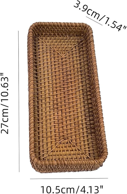 1PCS 10.63x4.33 Inch Rattan Bathroom Vanity Tray Vintage Storage Basket Bin Toilet Paper Basket for Bathroom Kitchen Toilet Tank Vanity Countertop Table Shelf