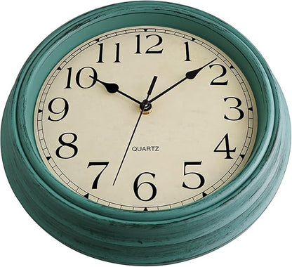Foxtop Retro Silent Non-Ticking Round Classic Clock 12 Inch Quartz Decorative Battery Operated Wall Clock for Living Room Kitchen Home Office (Turquoise)