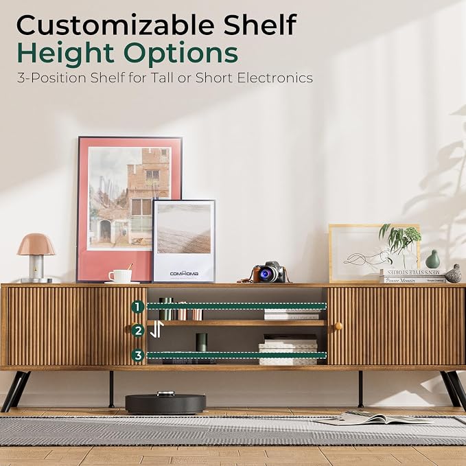 COMHOMA TV Stand for Living Room, Mid Century Modern Entertainment Center for 65/70/75 Inch TVs, Retro Brown TV Console with Fluted Door Cabinets and Open Adjustable Shelve Storage for Bedroom