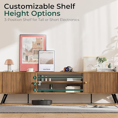 COMHOMA TV Stand for Living Room, Mid Century Modern Entertainment Center for 65/70/75 Inch TVs, Retro Brown TV Console with Fluted Door Cabinets and Open Adjustable Shelve Storage for Bedroom