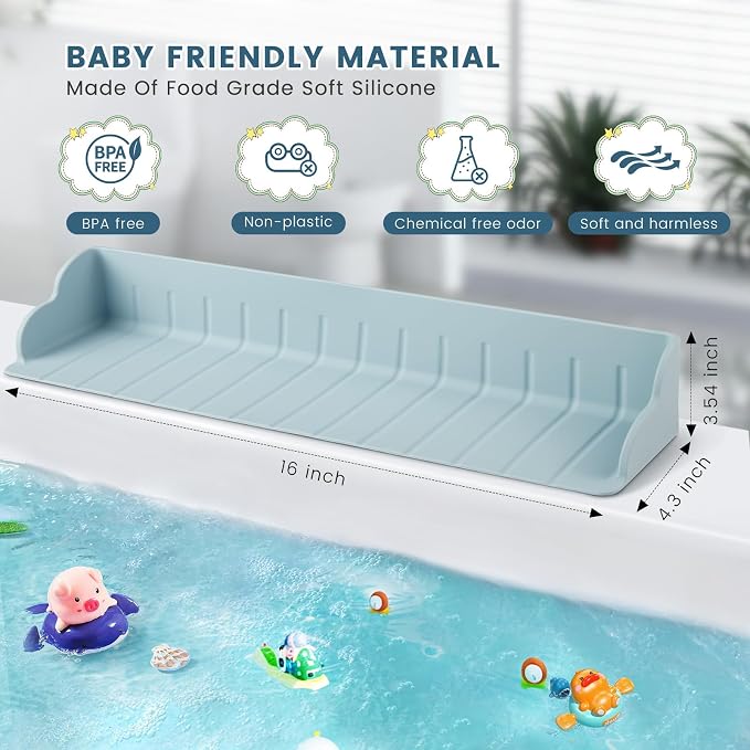 Bathtub Splash Guard for Tub, Silicone Bathtub Caddy Tray with Play Shelf, Kids Bath Tub Shelf and Organizer for Baby Bath Toys, Bath Toy Holder, Toddler Bathtub Accessories(Classic Blue)