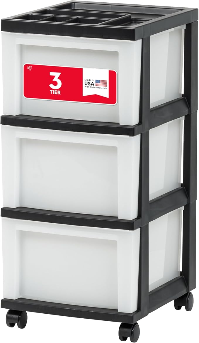 IRIS USA Plastic Drawer Storage Organizer Rolling Cart, with Wheels Casters, 3-Drawers, for Classroom Art Craft Supplies Dresser Closet Bathroom Laundry Room, Black/Pearl