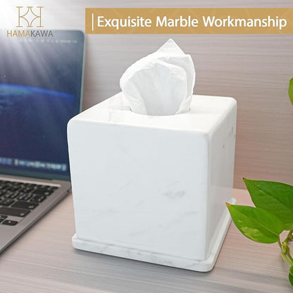 HAMAKAWA Natural Marble Tissue Box Cover, Volakas White Tissue Organizer 6 x 6 x 5.7 inch, Heavy Stone Decorative Box, Square Tissue Box Holder for Home Decor, Kitchen, Bathroom, Bedroom