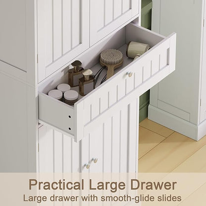 ChooChoo 72" H Tall Bathroom Floor Cabinet, Modern Bathroom Storage Cabinet with Drawer and Adjustable Shelves, Freestanding Kitchen Pantry Cupboard with 4 Doors for Living Room, White