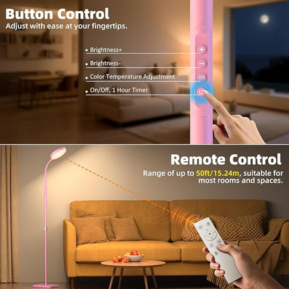 Floor Lamp, Adjustable Height Floor Lamps for Living Room Bedroom, 120 LED Super Bright Standing Lamp Remote Control Dimmable Gooseneck Tall Stand Reading Lamp for Office Craft, Pink