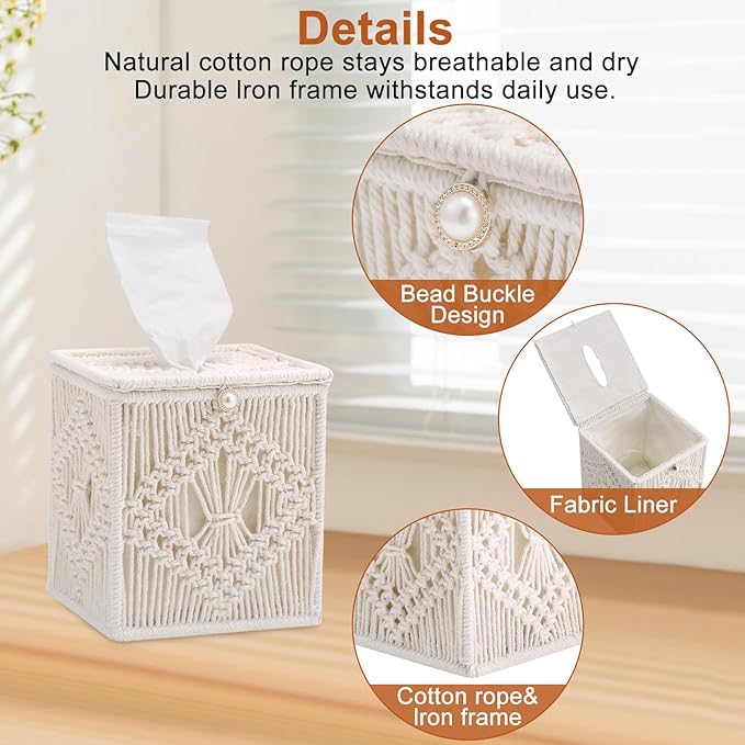 Macrame Tissue Box Cover, 2 Pack Square Boho Decor Tissue Holder, Handmade Woven Cotton Rope Organizer with Open Bottom for Bedroom, Bathroom, Living Room, Office - Ivory