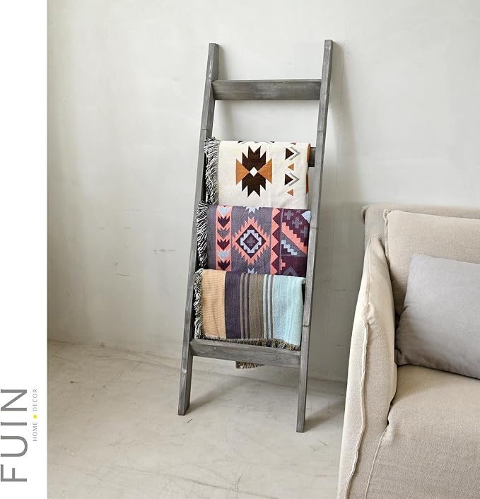 FUIN 5ft (58") Wood Blanket Ladder Living Room Decorative Wall Leaning Farmhouse Quilt Display Holder Storage Rustic Wooden Towel Rack for Bathroom, Grey