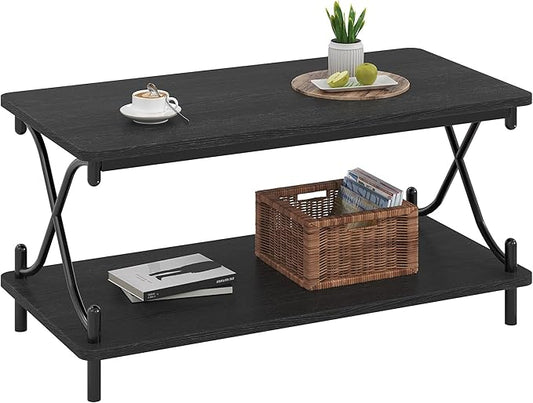 VECELO Coffee Table for Living Room with Round Corners Modern Farmhouse Center Table with Storage Shelf for Home Office 39 Inch, Easy Assembly, Matte Black