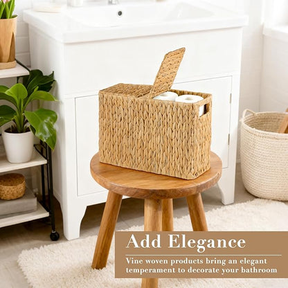 Toilet Paper Storage Basket with Lid, Water Hyacinth Toilet Paper Holder, Wicker Organizer Basket for 6 Mega Rolls, Decor Storage for Home, Bathroom, Living Room