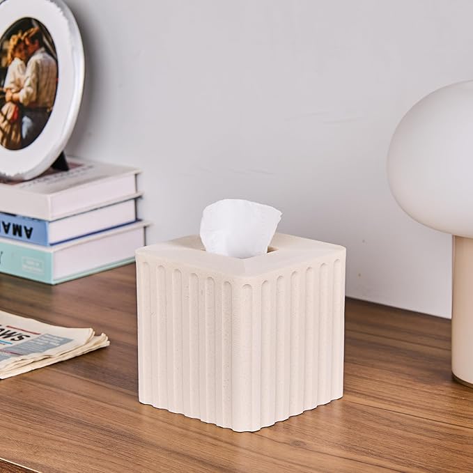 Striped White Sandstone Tissue Box Cover Square for Home Decor,Resin Heavy Tissue Box Holder for Bathroom Countertop,Tabletop,Bedside Table,Office (Handmade of Resin)