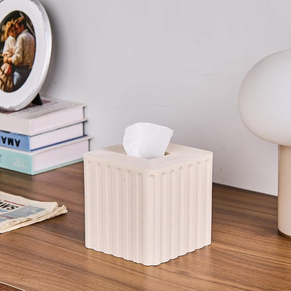 Striped White Sandstone Tissue Box Cover Square for Home Decor,Resin Heavy Tissue Box Holder for Bathroom Countertop,Tabletop,Bedside Table,Office (Handmade of Resin)