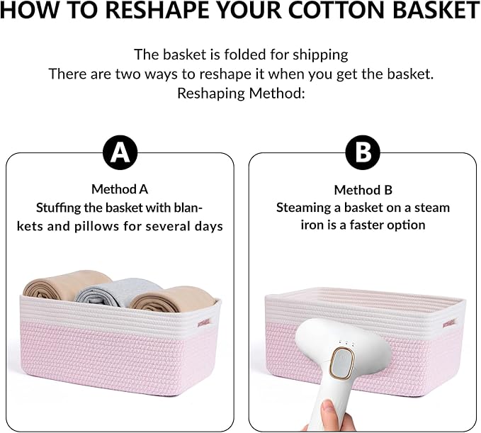 MiniArk Large Storage Baskets for Shelves, Closet Organizers Bins for Clothes Blanket Towels, Baby Nursery, Toy Baskets Box, Woven Rope Baskets, 17 x 13 x 7.5”, 2 Packs Woven Pink