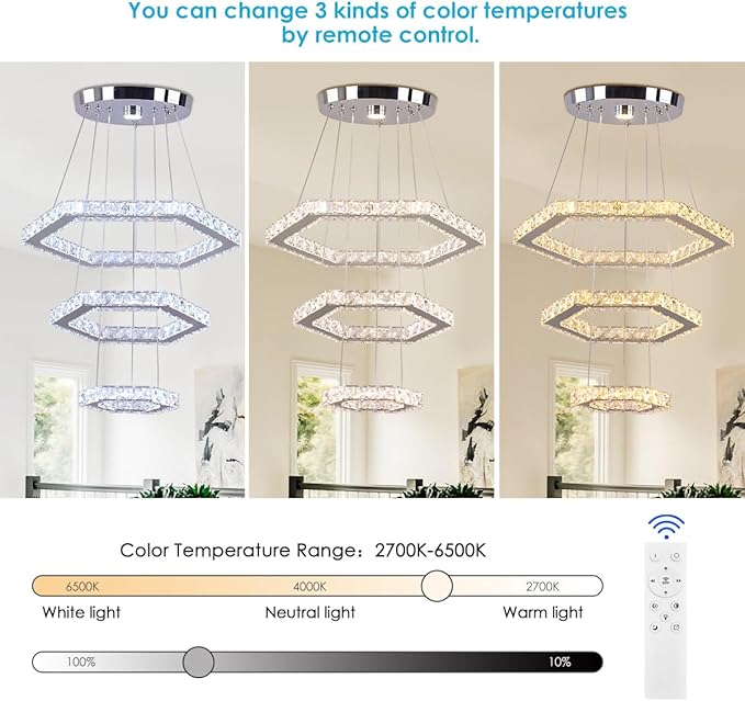 LED Chandeliers Dimmable Crystal Chandelier 3 Rings Modern Pendant Light Adjustable Stainless Steel Ceiling Light Fixture for Dining Room Bedroom Living Room