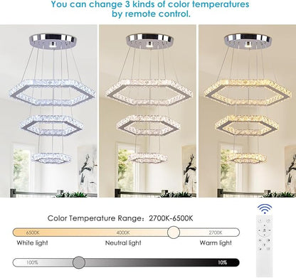 LED Chandeliers Dimmable Crystal Chandelier 3 Rings Modern Pendant Light Adjustable Stainless Steel Ceiling Light Fixture for Dining Room Bedroom Living Room