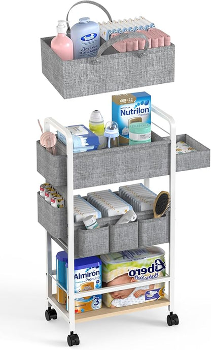 LIDTOP 2In1 Diaper Caddy & 4-Tier Rolling Diaper Cart, Diaper Caddy Organizer Cart with Dividers & Drawer, Mobile Metal Bedside Cart for Baby Nursery Essentials Storage, Large Capacity, White
