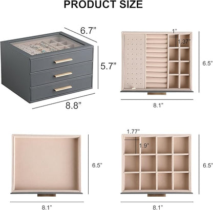 Frebeauty Clear Lid Jewelry Box,3-Layer Jewelry Organizer with Drawer,PU Leather Jewelry Organizers and Storage,Jewelry Boxes for Women,Jewelry Storage for Rings Earring Stud,Gift for Women(Grey)