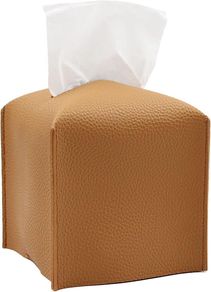 Livelab Tissue Box Cover, Modern Square Decorative PU Leather Facial Paper Case Organizer Holder Dispenser for Bathroom, Vanity Countertop, Night Stands, Desk, Car 5X5X5'' | Camel