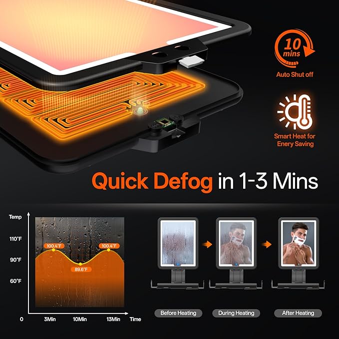 Lighted Shower Mirror Fogless for Shaving, Heated Fog Free Large 9.5*7inch 3 Color Modes Dimming Shower Shaving Mirror with Light, Rechargeable Anti-Fog Shower Mirror with Storage Tray & Razor Holders