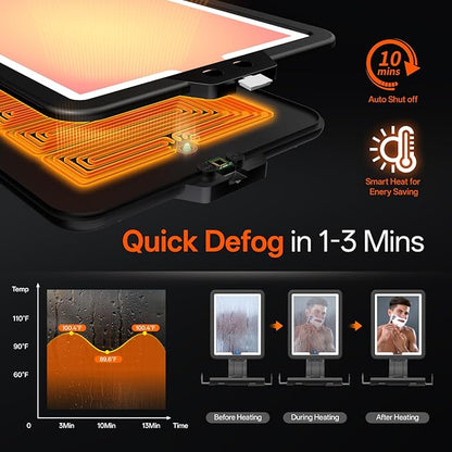 Lighted Shower Mirror Fogless for Shaving, Heated Fog Free Large 9.5*7inch 3 Color Modes Dimming Shower Shaving Mirror with Light, Rechargeable Anti-Fog Shower Mirror with Storage Tray & Razor Holders