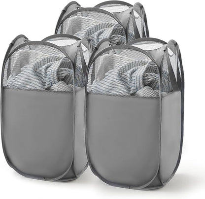 TECHMILLY Pop Up Foldable Laundry Basket, Mesh Laundry Hamper with Reinforced Handles for Dirty Clothes Storage in Dorm, Laundry Room, Bathroom, Grey(Fabric), 3 Pack