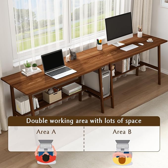 2-Person Writing Desk with Bookshelf - 94" Wooden Extra Long Home Office Work Table, Double Study Computer Workstation with Storage Shelves in Walnut, 94" W x 24" D