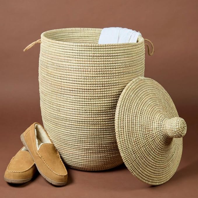 Natural Beige Laundry Basket with Hooded Lid, Bedroom Hamper, Nursery Toys Bin, Living Room Blankets Storage, Decorative, Wicker, Sturdy, Round, Handles, African, Hand Woven, Made in Senegal (Large)