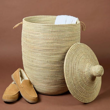 Natural Beige Laundry Basket with Hooded Lid, Bedroom Hamper, Nursery Toys Bin, Living Room Blankets Storage, Decorative, Wicker, Sturdy, Round, Handles, African, Hand Woven, Made in Senegal (Large)