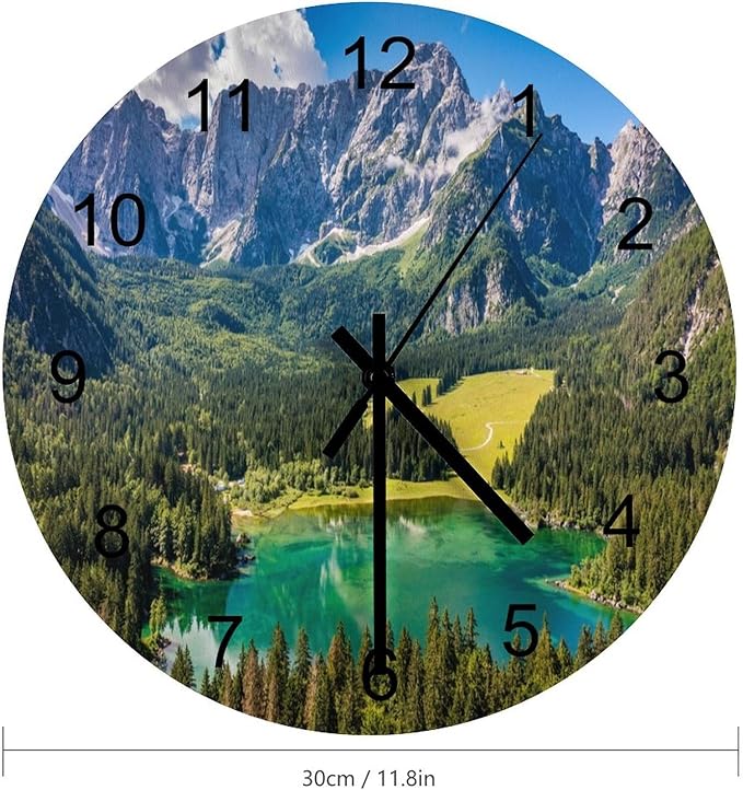 Scenic Nature Wall Clock Silent Non Ticking Battery Operated, Natural Mountain Lake Forest Landscape Woodland Scenery Clock Decorative for Bathroom Kitchen Bedroom Living Room(12 Inch)
