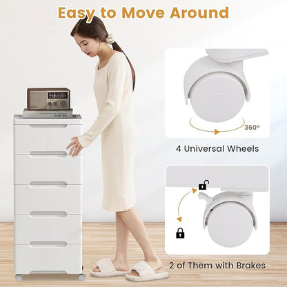 LOKO 6-Drawer Plastic Rolling Storage Cart, Mobile Storage Cabinet with 4 Universal Wheels, Vertical Storage Tower Container Unit for Living Room, Bedroom, Home Office, White (16”x13”x38” (6 Drawers))
