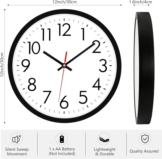 Lumuasky Wall Clock Silent Non-Ticking 12 Inch Quartz Battery Operated Round Analog Wall Clock with Easy to Read Large Numbers for Classroom,School, Office, Living Room, Bedroom,Kitchen