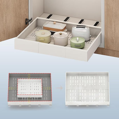 Pull out Cabinet Organizer,Expandable Width(23"-31"),Depth(17"-24") with 5 Rails,Roll out Drawers,No Drill Adjustable Slide out Shelves for Kitchen,Pantry,for Both Lip and Lip-Free Cabinets,White(1PC)