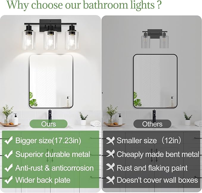 3-Light Bathroom Light Fixtures, Vanity Light with Clear Glass Shades, Matte Black Bathroom Light Fixtures Over Mirror, Modern Bathroom Wall Lamp for Mirror Living Room Cabinet Bedroom