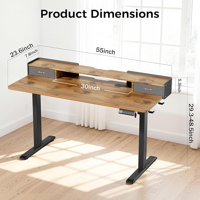 Electric Standing Desk with Drawers, 55 Inch Height Adjustable Desk with Power Outlets & LED Lights, Sit Stand Table with Monitor Stand for Home, Office, Rustic Brown