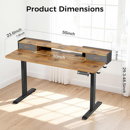 Electric Standing Desk with Drawers, 55 Inch Height Adjustable Desk with Power Outlets & LED Lights, Sit Stand Table with Monitor Stand for Home, Office, Rustic Brown