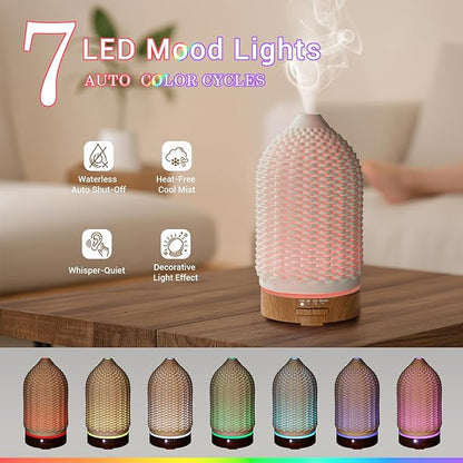 Ultrasonic Essential Oil Diffuser 100ML - Cool Mist Humidifier, 7-Color LED Lights, 3 Timer & Auto Shut-Off, Ideal Gift for Home Bedroom Office (Cream)