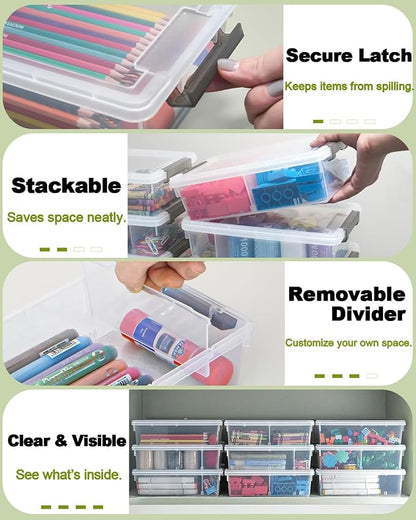 GEOPHIA 12 Pack Extra Large Pencil Box with Removable Divider, Thickened Pencil Case Bulk, Clear Crayon Marker Organizer Stackable Plastic Small Storage Containers for Pen Craft School Supplies(Grey)
