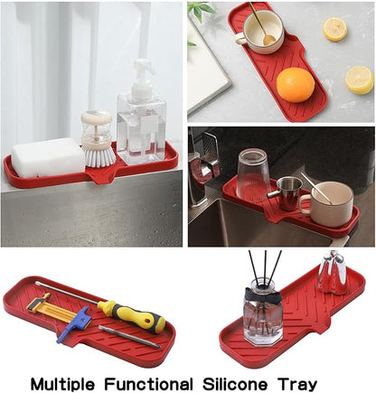 MicoYang Silicone Soap Dish with Drain Spout — Self-Draining Double Sink Organizer Tray for Kitchen & Bathroom, Dispensers, Sponges & Soap Holder, Non-Slip & Dishwasher Safe, Red (Large, 12"×4")