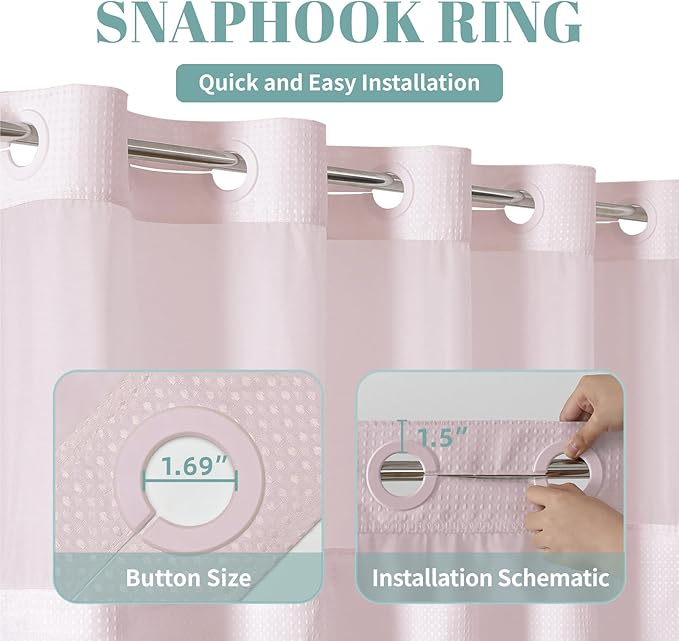 BlushPink No Hook Waffle Weave Shower Curtain with snap-in Liner Replacement, 230GSM Waterproof Fabric Hotel Shower Curtain Set for Bathroom, Through Mesh Top Window,71Wx74H