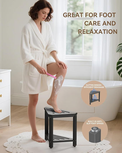 Shower Foot Rest 15in, HDPE Waterproof Shower Stool for Inside Shower, Corner Shower Stool for Shaving Legs with Storage Shelf for Small Space, Shower Step Stool, Plastic Corner Shower Bench, Grey