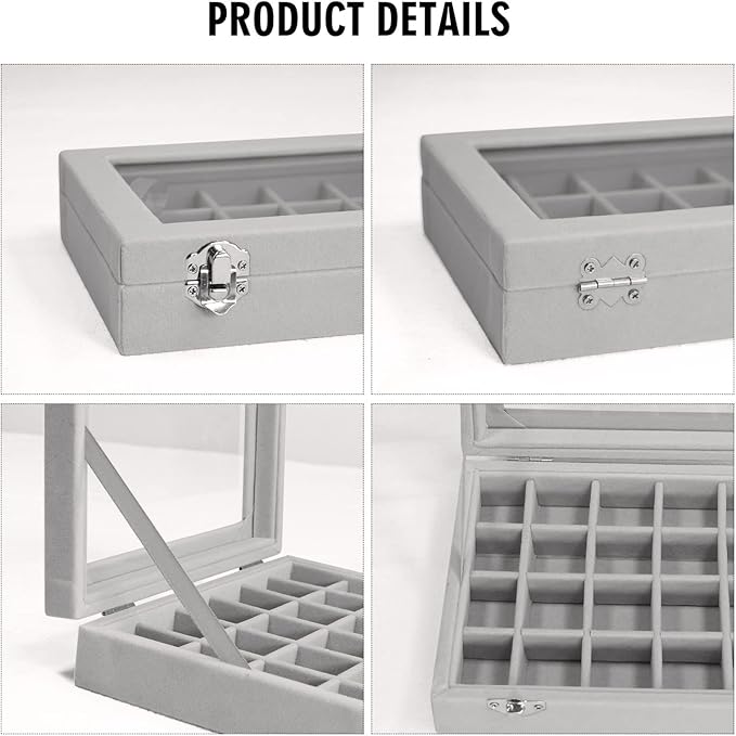 Vicoter Velvet Jewelry Box 24 Grid Jewelry Ring Display Organiser Box Tray Holder Earrings Storage Case for Girls Wife Mom Women (Gray)