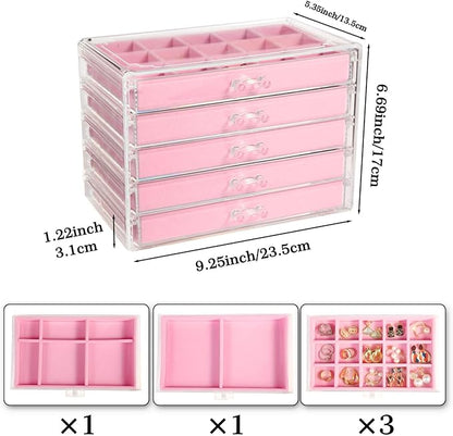 5 Drawers Clear Jewelry Box for Women and Girls, Acrylic Earring Holder Organizer Ring Holder Display Storage, Pink