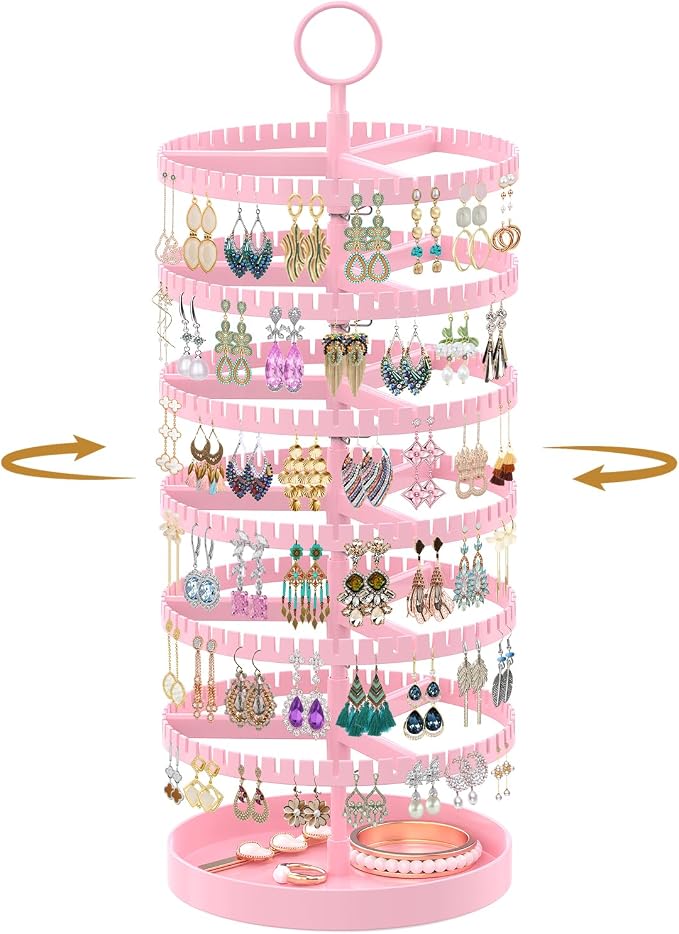 MODOWEY 6 Tier Rotating Earring Holder Organizer Display Tree with Metal Tray, Adjustable Plastic Stand with 342 Slots for Stud Hoop Hanger, Large Capacity Storage Rack for Women, Pink