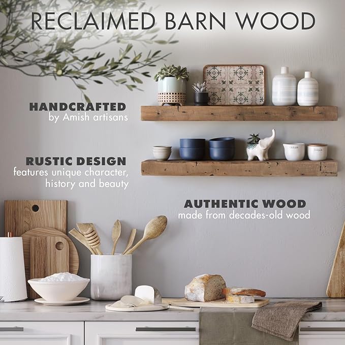 Urban Legacy Reclaimed Barnwood Planks | Floating Shelves for Wall w/Flush Mount Shelf Bracket Set Included | Set of 2 (Natural, 24"x7"x2")